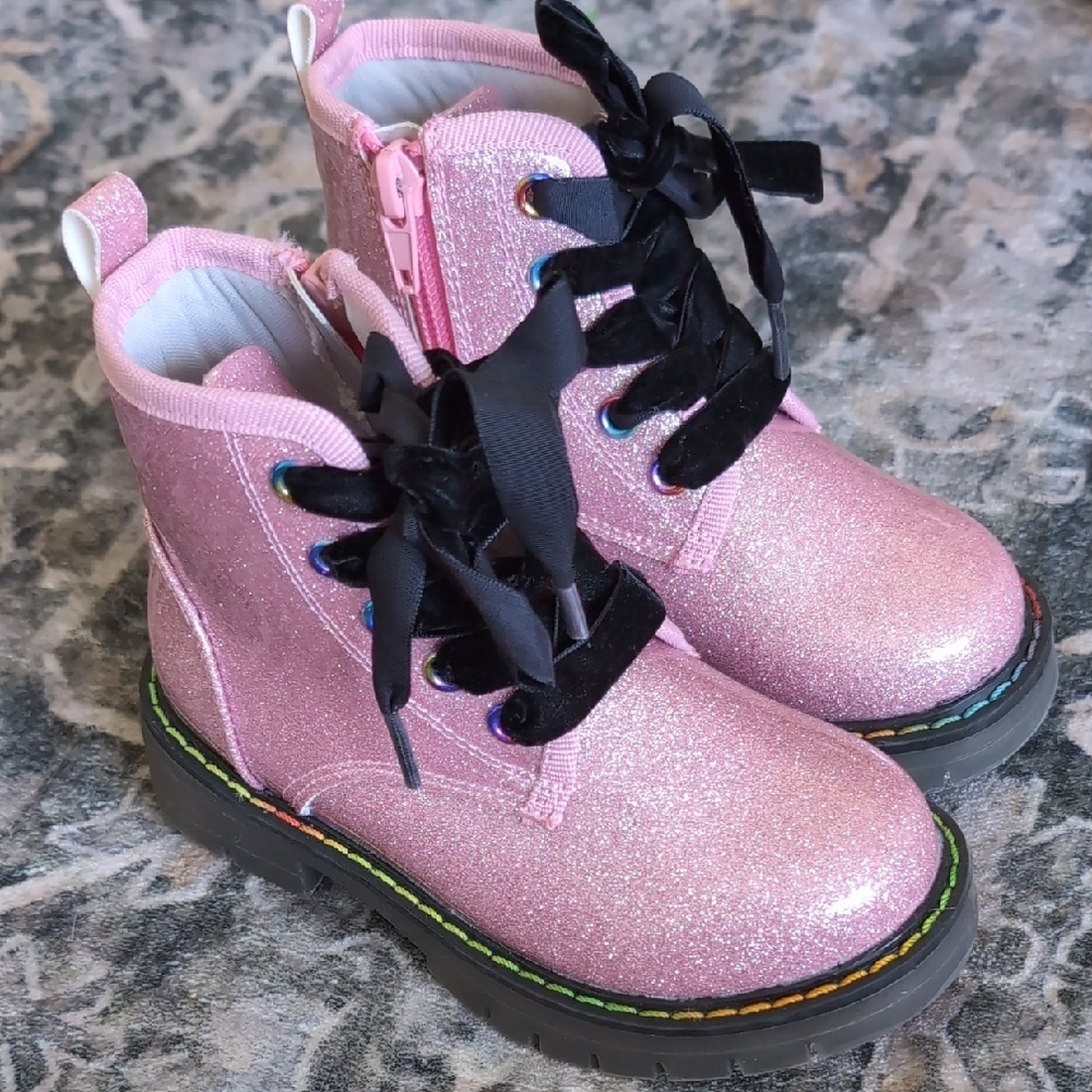 Sparkly Pink Kids Boots with Black Laces
